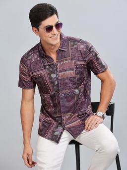 BULLMER - Burgundy Trendy Regular Fit Printed Casual Half Sleeve Shirt for Men