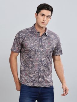 BULLMER - Grey Trendy Regular Fit Printed Casual Half Sleeve Shirt for Men