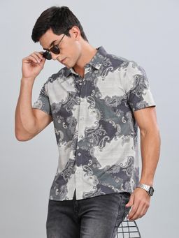 BULLMER - Olive Trendy Regular Fit Printed Casual Half Sleeve Shirt for Men