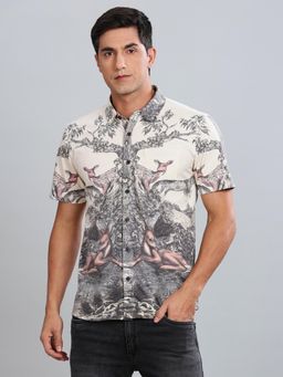 BULLMER - Beige Trendy Regular Fit Printed Casual Half Sleeve Shirt for Men
