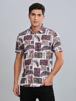 BULLMER - Burgundy Trendy Regular Fit Printed Casual Half Sleeve Shirt for Men