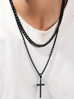 AQUASTREET - Mens Black Cross Pendant and Cuban Chain Anti-Tarnish Layered Necklace (Pack Of 2)