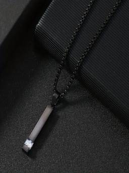 AQUASTREET - Mens Black Plated Bar Zircon and Anti-Tarnish Pendant Necklace