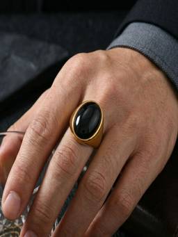 AQUASTREET - Mens Onyx 18K Gold Plated and Anti-Tarnish Signet Band Ring