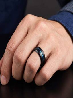 AQUASTREET - Mens Striped Black Rhodium Plated and Anti-Tarnish Band Ring