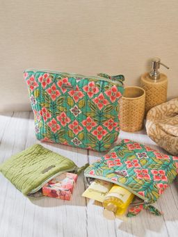 Fabindia - Green Cotton Blend Printed Toiletry Bag (Pack Of 3)