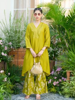 Gahan - Lime Green Mirror Work Kurta and Palazzo