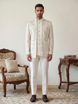 Jompers - Premium Floral Embroidered Silk Blend Waistcoat and Bandhgala with Trouser
