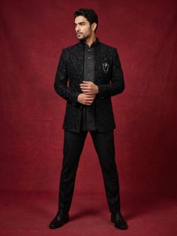 Jompers - Men’s Velvet Embroidered Waistcoat and Bandhgala with Trouser