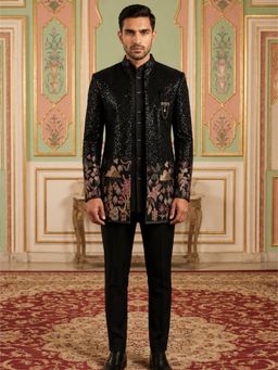 Jompers - Men’s Velvet Embroidered Waistcoat and Bandhgala with Trouser
