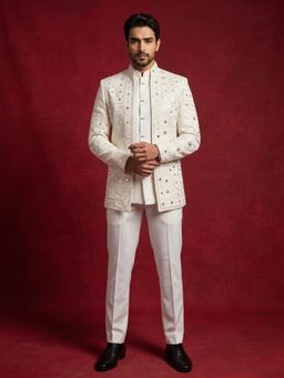 Jompers - Men’s Mirror Work Embroidered Waistcoat and Bandhgala with Trouser