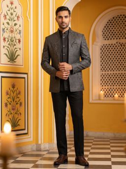 Jompers - Premium Cotton Blend Woven Design Waistcoat and Bandhgala with Trouser