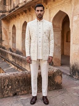Jompers - Premium Floral Embroidered Silk Blend Waistcoat and Bandhgala with Trouser