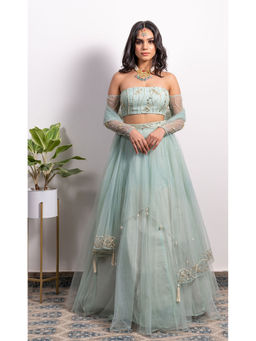 Silky Bindra - Off Shoulder Blouse Lehenga (Set of 3)