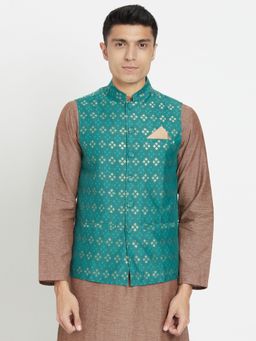 Fabindia - Cotton Blend Green Printed Men Nehru Jacket