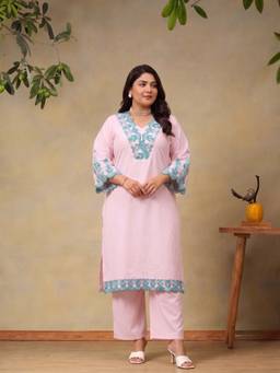 Bani Women - Plus Size Women Pink Embroidered Kurta With Pant