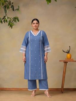 Bani Women - Plus Size Women Blue Embroidered Kurta With Pant