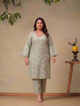 Bani Women - Plus Size Women Sage Green Embroidered Kurta With Pant