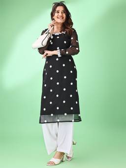 HESVI - Women's Georgette Kurta With White Chikankari Lakhnavi Embroidery Work