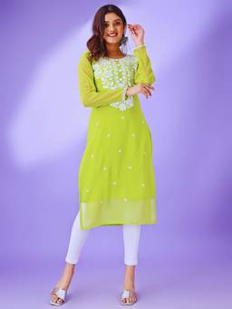HESVI - Georgette White Lakhnavi Chikankari Kurta With Intricate Embroidery Work
