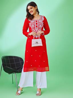 HESVI - Georgette White Lakhnavi Chikankari Kurta With Intricate Embroidery Work