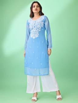 HESVI - Georgette White Lakhnavi Chikankari Kurta With Intricate Embroidery Work