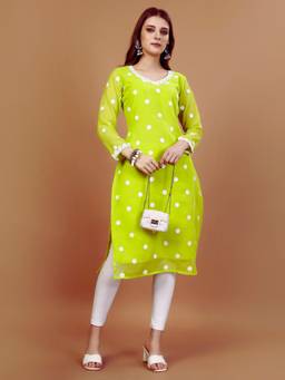 HESVI - Women's Georgette Kurta With White Chikankari Lakhnavi Embroidery Work