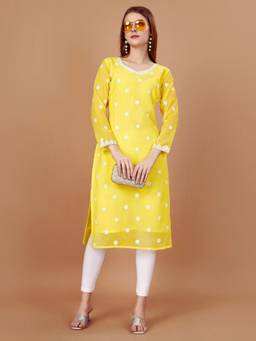 HESVI - Women's Georgette Kurta With White Chikankari Lakhnavi Embroidery Work