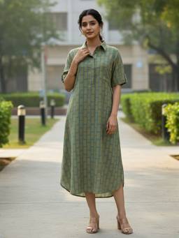 Anastay Clothing - Geometric Print Shirt Collar Midi Dress