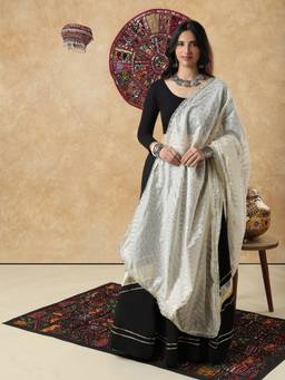 SALWAR STUDIO - White Silk Blend Garba Navratri Festive Dupatta With Lace Detailing