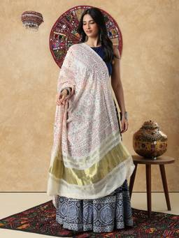 SALWAR STUDIO - Cream Bandhani Printed Garba Navratri Festive Dupatta With Zari Border