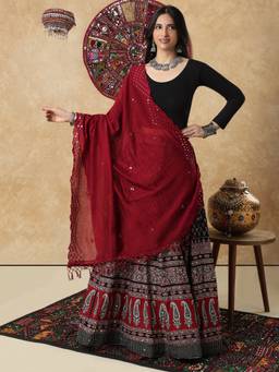 SALWAR STUDIO - Wine Silk Blend Mirror Work Garba Navratri Festive Dupatta