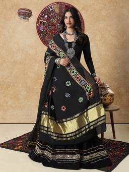 SALWAR STUDIO - Black Silk Blend Mirror Work Navratri Garba Festive Dupatta