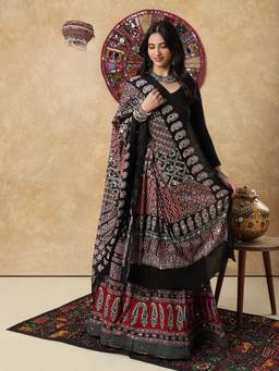 SALWAR STUDIO - Black Silk Blend Ajrak Mirror Work Garba Navratri Festive Dupatta