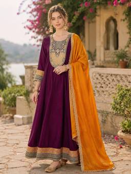 TWINS LADY - Wine Anarkali Kurta With Pant & Dupatta
