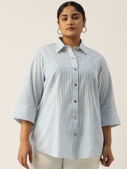 theRebelinme - Plus Size Womens Blue Striped Printed Cotton Shirt