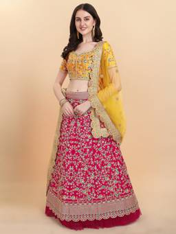 Amrutam Fab - Womens Weddingwear Pink And Yellow Color Silk Embroidery Work Lehenga Choli (Set of 3)