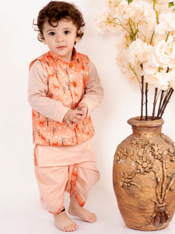 Little Bansi - Boys Peach Printed Kurta with Dhoti and Jacket (Set of 3)