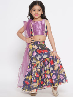 Little Bansi - Girls Purple Floral Blouse with Sharara and Dupatta (Set of 3)