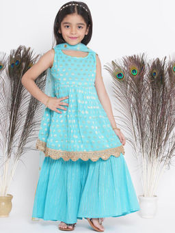 Little Bansi - Girls Blue Woven Kurta with Sharara and Dupatta (Set of 3)