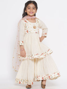 Little Bansi - Girls Off White Embroidered Kurta with Sharara and Dupatta (Set of 3)