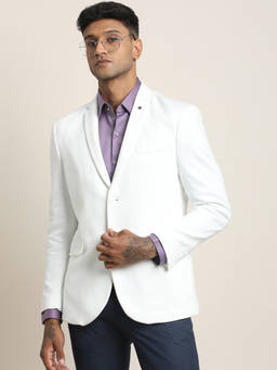 Turtle - Men Knitted Solid Relaxed Fit White Blazer