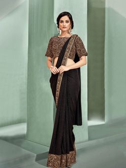 Odette - Brown Lycra Designer Saree with Unstitched Blouse