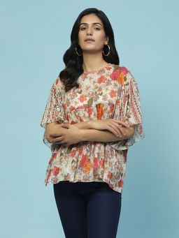 Aarke Ritu Kumar - Ecru Floral Print Top With Camisole (Set of 2)