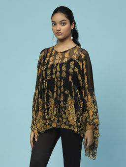 Aarke Ritu Kumar - Black Floral Print Top With Camisole (Set of 2)
