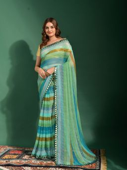 Odette - Blue Chiffon Designer Saree with Unstitched Blouse