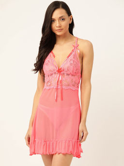 Sweet Dreams - Peach Solid Semi-Sheer Net Baby Doll with Thong (Set of 2)