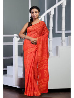 Unnati Silks - Red Pure Hand Bandhani Printed Soft Cotton Saree with Unstitched Blouse