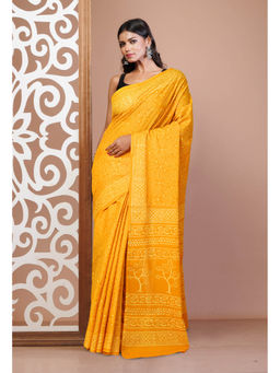Unnati Silks - Yellow Pure Hand Block Printed Soft Cotton Saree with Unstitched Blouse