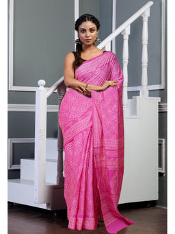 Unnati Silks - Pink Pure Hand Block Printed Soft Cotton Saree with Unstitched Blouse